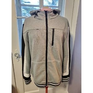 Grey Hooded High Neck Zip-up Sweatshirt with Black and White Accents, Si…